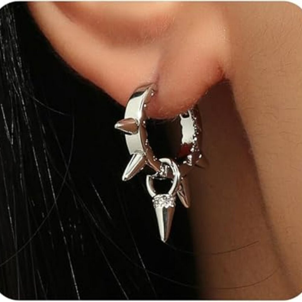 Punk Rivet Hoop‎ Earring Set Gothic Silver Statement Jewelry Dangle Drop Spikes